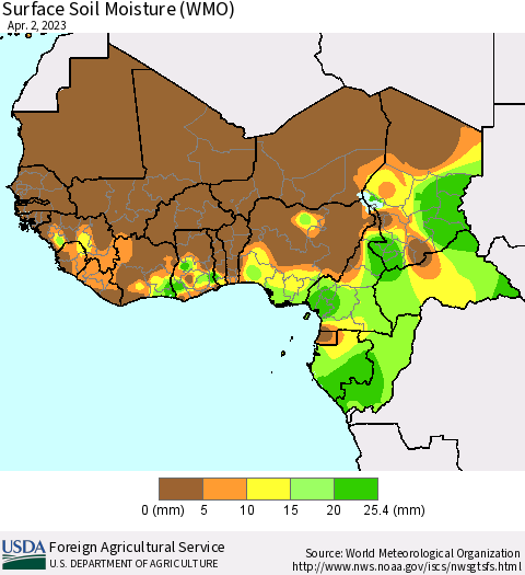 Western Africa Surface Soil Moisture (WMO) Thematic Map For 3/27/2023 - 4/2/2023