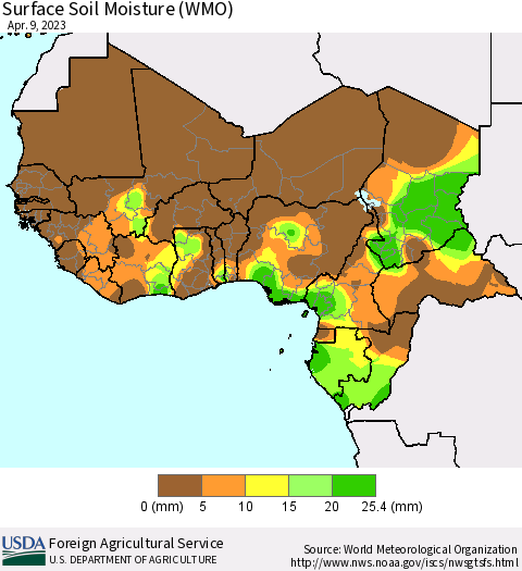 Western Africa Surface Soil Moisture (WMO) Thematic Map For 4/3/2023 - 4/9/2023