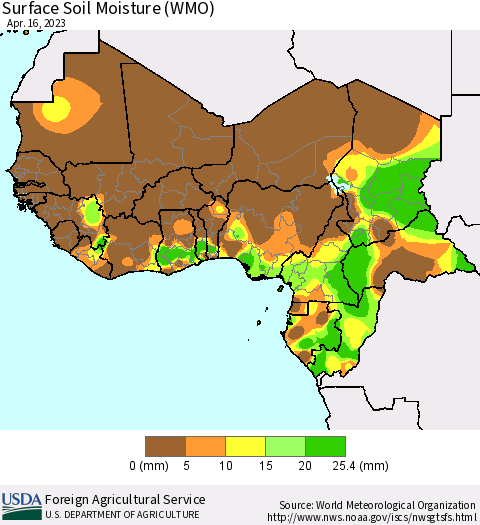 Western Africa Surface Soil Moisture (WMO) Thematic Map For 4/10/2023 - 4/16/2023