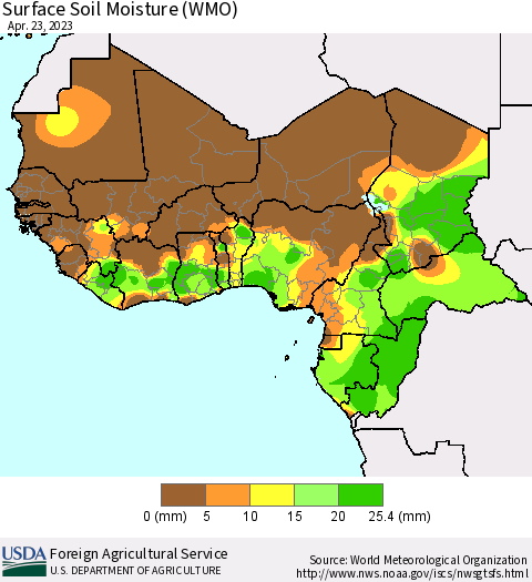 Western Africa Surface Soil Moisture (WMO) Thematic Map For 4/17/2023 - 4/23/2023