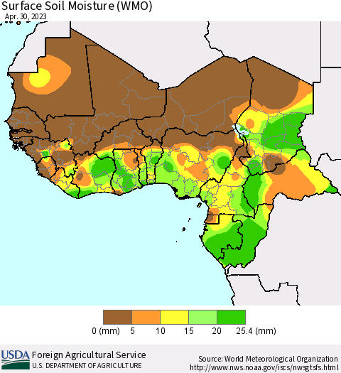 Western Africa Surface Soil Moisture (WMO) Thematic Map For 4/24/2023 - 4/30/2023