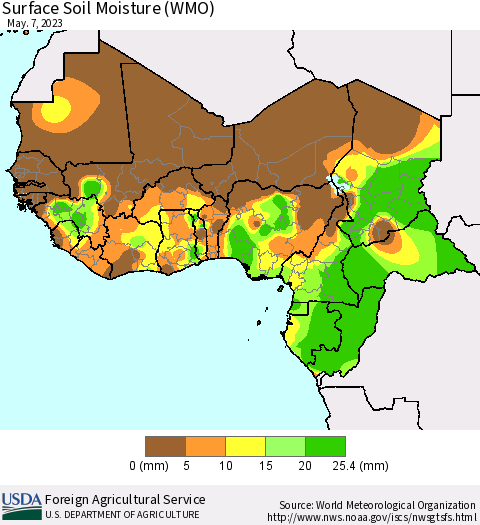 Western Africa Surface Soil Moisture (WMO) Thematic Map For 5/1/2023 - 5/7/2023