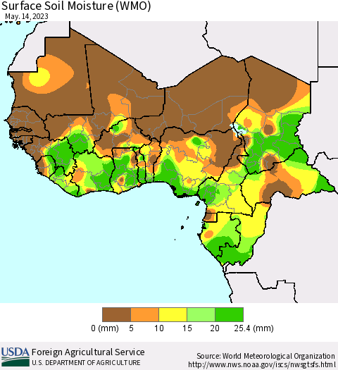 Western Africa Surface Soil Moisture (WMO) Thematic Map For 5/8/2023 - 5/14/2023
