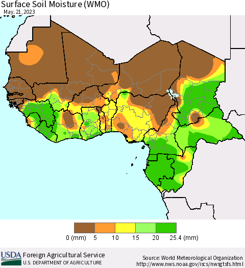Western Africa Surface Soil Moisture (WMO) Thematic Map For 5/15/2023 - 5/21/2023