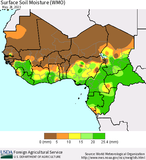 Western Africa Surface Soil Moisture (WMO) Thematic Map For 5/22/2023 - 5/28/2023
