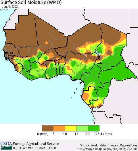 Western Africa Surface Soil Moisture (WMO) Thematic Map For 5/29/2023 - 6/4/2023