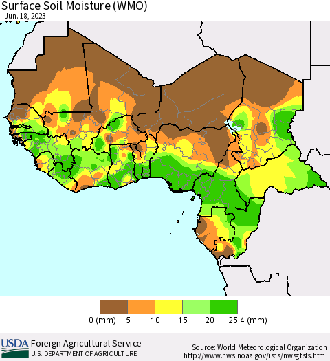 Western Africa Surface Soil Moisture (WMO) Thematic Map For 6/12/2023 - 6/18/2023