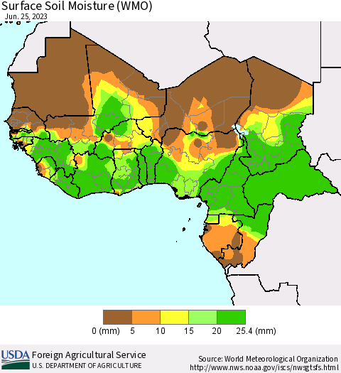 Western Africa Surface Soil Moisture (WMO) Thematic Map For 6/19/2023 - 6/25/2023
