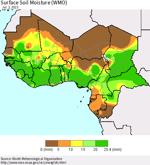 Western Africa Surface Soil Moisture (WMO) Thematic Map For 6/26/2023 - 7/2/2023