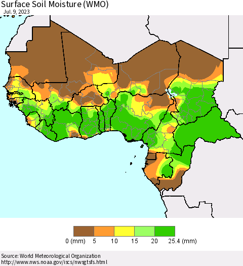 Western Africa Surface Soil Moisture (WMO) Thematic Map For 7/3/2023 - 7/9/2023
