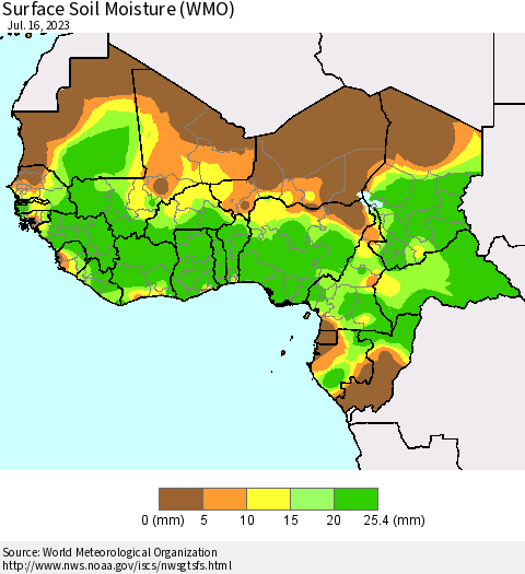 Western Africa Surface Soil Moisture (WMO) Thematic Map For 7/10/2023 - 7/16/2023