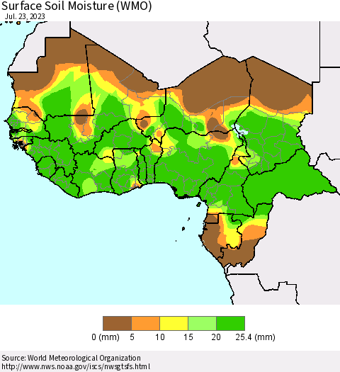 Western Africa Surface Soil Moisture (WMO) Thematic Map For 7/17/2023 - 7/23/2023