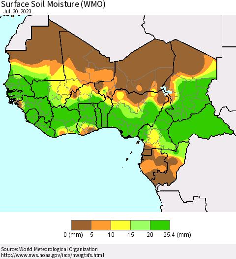 Western Africa Surface Soil Moisture (WMO) Thematic Map For 7/24/2023 - 7/30/2023