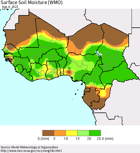 Western Africa Surface Soil Moisture (WMO) Thematic Map For 7/31/2023 - 8/6/2023