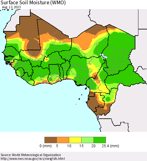 Western Africa Surface Soil Moisture (WMO) Thematic Map For 8/7/2023 - 8/13/2023