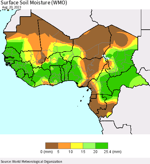 Western Africa Surface Soil Moisture (WMO) Thematic Map For 8/14/2023 - 8/20/2023