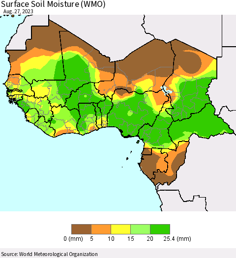 Western Africa Surface Soil Moisture (WMO) Thematic Map For 8/21/2023 - 8/27/2023