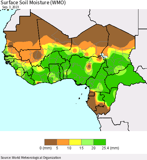 Western Africa Surface Soil Moisture (WMO) Thematic Map For 8/28/2023 - 9/3/2023