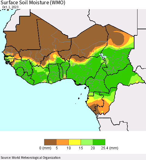 Western Africa Surface Soil Moisture (WMO) Thematic Map For 9/25/2023 - 10/1/2023