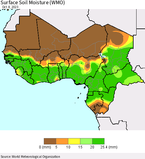 Western Africa Surface Soil Moisture (WMO) Thematic Map For 10/2/2023 - 10/8/2023