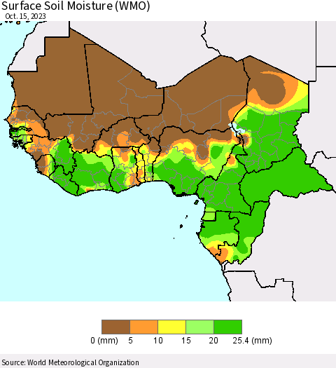 Western Africa Surface Soil Moisture (WMO) Thematic Map For 10/9/2023 - 10/15/2023
