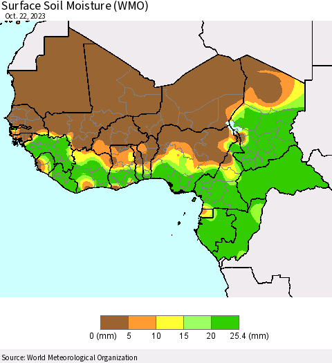 Western Africa Surface Soil Moisture (WMO) Thematic Map For 10/16/2023 - 10/22/2023