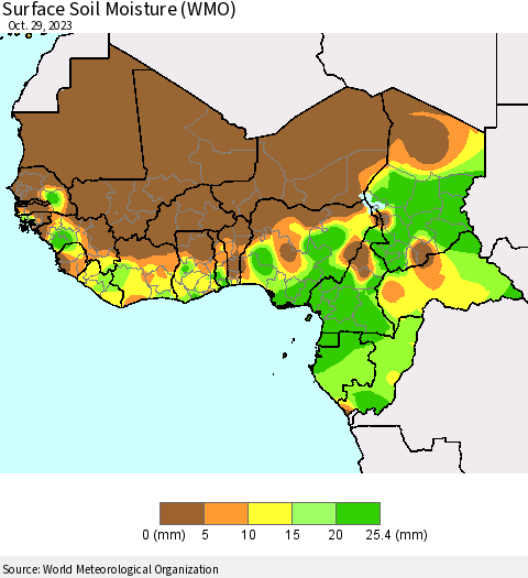 Western Africa Surface Soil Moisture (WMO) Thematic Map For 10/23/2023 - 10/29/2023