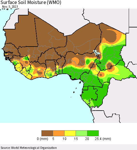 Western Africa Surface Soil Moisture (WMO) Thematic Map For 10/30/2023 - 11/5/2023