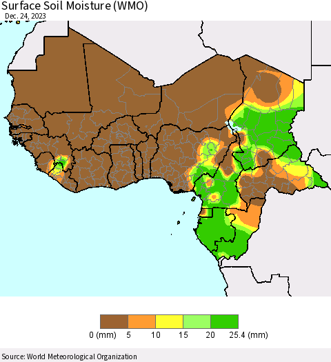 Western Africa Surface Soil Moisture (WMO) Thematic Map For 12/18/2023 - 12/24/2023