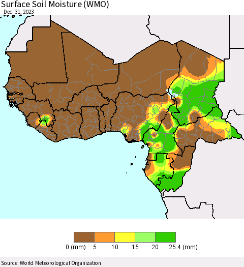 Western Africa Surface Soil Moisture (WMO) Thematic Map For 12/25/2023 - 12/31/2023