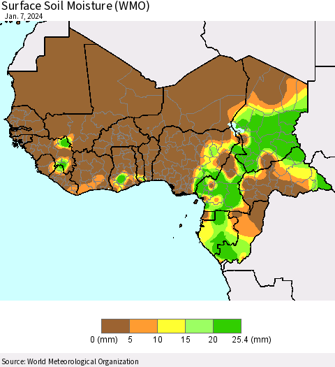 Western Africa Surface Soil Moisture (WMO) Thematic Map For 1/1/2024 - 1/7/2024