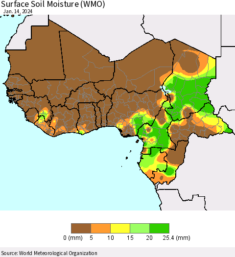 Western Africa Surface Soil Moisture (WMO) Thematic Map For 1/8/2024 - 1/14/2024