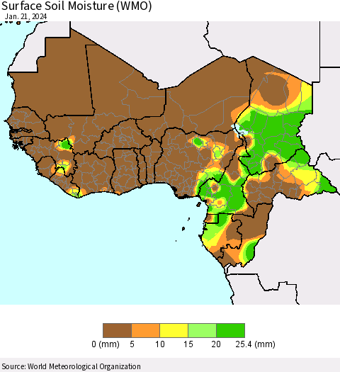 Western Africa Surface Soil Moisture (WMO) Thematic Map For 1/15/2024 - 1/21/2024
