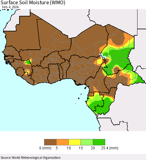 Western Africa Surface Soil Moisture (WMO) Thematic Map For 1/29/2024 - 2/4/2024