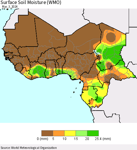 Western Africa Surface Soil Moisture (WMO) Thematic Map For 2/26/2024 - 3/3/2024