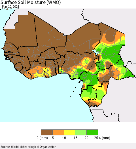 Western Africa Surface Soil Moisture (WMO) Thematic Map For 3/4/2024 - 3/10/2024