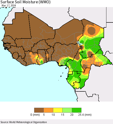 Western Africa Surface Soil Moisture (WMO) Thematic Map For 3/11/2024 - 3/17/2024
