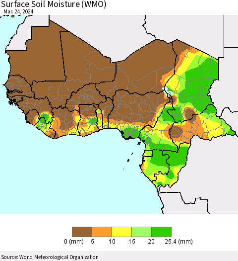 Western Africa Surface Soil Moisture (WMO) Thematic Map For 3/18/2024 - 3/24/2024