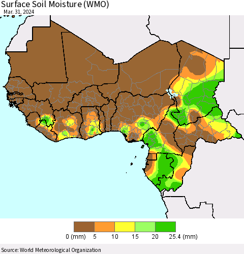 Western Africa Surface Soil Moisture (WMO) Thematic Map For 3/25/2024 - 3/31/2024
