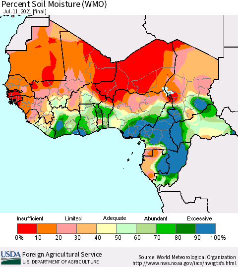 Western Africa Percent Soil Moisture (WMO) Thematic Map For 7/5/2021 - 7/11/2021