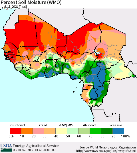 Western Africa Percent Soil Moisture (WMO) Thematic Map For 7/12/2021 - 7/18/2021