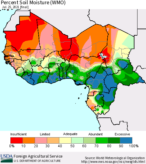 Western Africa Percent Soil Moisture (WMO) Thematic Map For 7/19/2021 - 7/25/2021