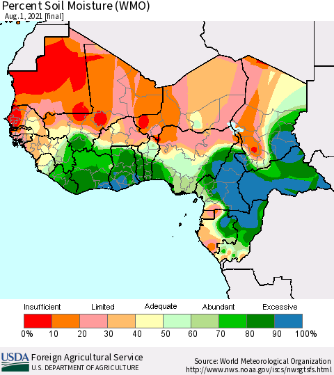Western Africa Percent Soil Moisture (WMO) Thematic Map For 7/26/2021 - 8/1/2021