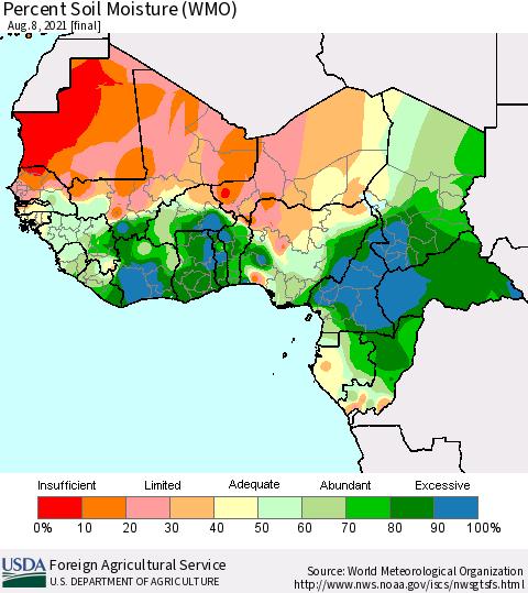 Western Africa Percent Soil Moisture (WMO) Thematic Map For 8/2/2021 - 8/8/2021