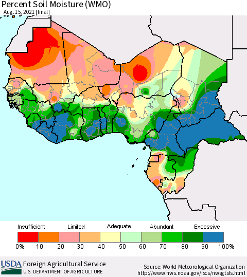 Western Africa Percent Soil Moisture (WMO) Thematic Map For 8/9/2021 - 8/15/2021