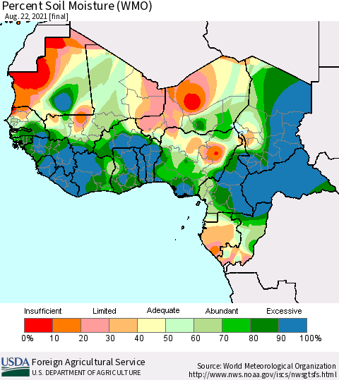 Western Africa Percent Soil Moisture (WMO) Thematic Map For 8/16/2021 - 8/22/2021
