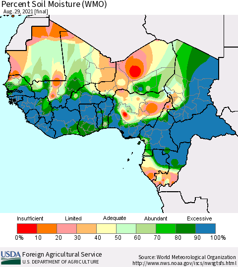 Western Africa Percent Soil Moisture (WMO) Thematic Map For 8/23/2021 - 8/29/2021