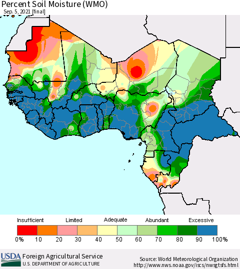 Western Africa Percent Soil Moisture (WMO) Thematic Map For 8/30/2021 - 9/5/2021