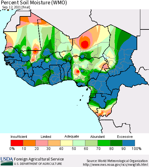 Western Africa Percent Soil Moisture (WMO) Thematic Map For 9/6/2021 - 9/12/2021