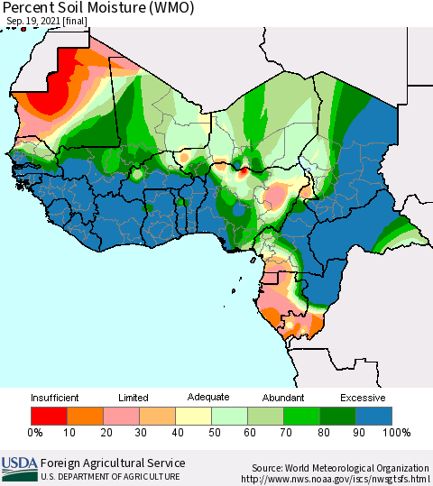 Western Africa Percent Soil Moisture (WMO) Thematic Map For 9/13/2021 - 9/19/2021